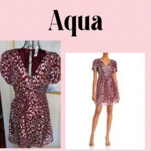 AQUA~ "DARK RED/SILVER LEOPARD" DRESS~SHORT SLEEVES, V-NECK~XS